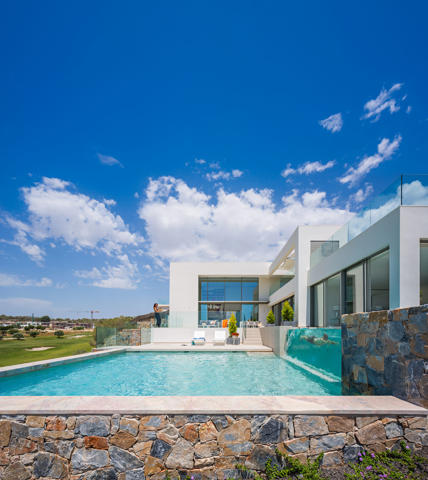 Inspiration for a large contemporary side rectangular swimming pool in Other with a pool house.