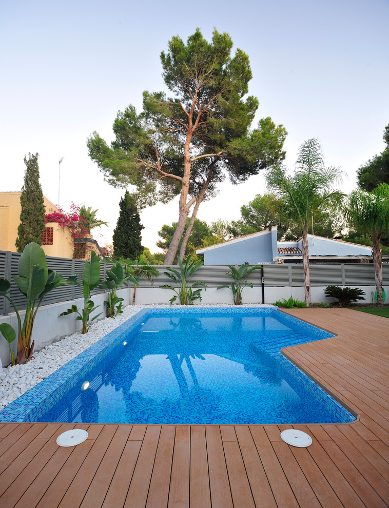 Immagine di una piscina monocorsia design personalizzata di medie dimensioni con una dépendance a bordo piscina e pedane