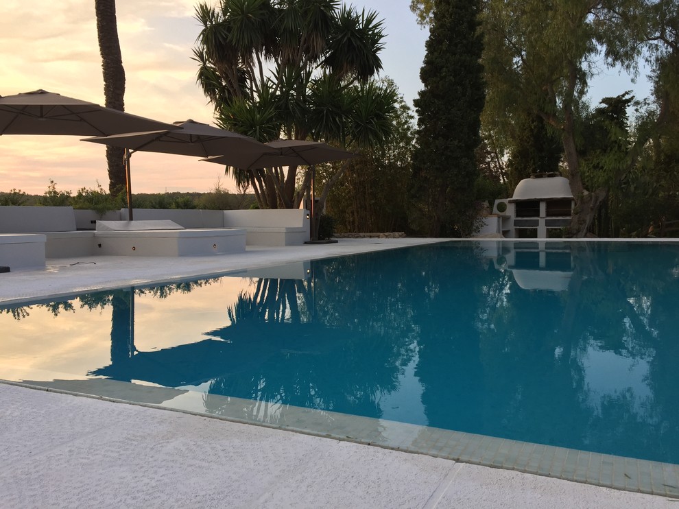 Immagine di una piscina monocorsia mediterranea rettangolare di medie dimensioni e in cortile con una dépendance a bordo piscina