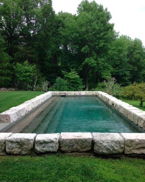 Diseño de piscina alargada rústica grande rectangular