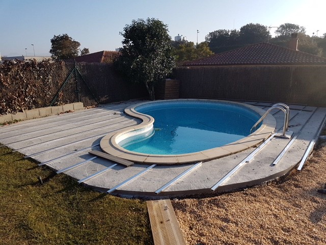 Modelo de piscina natural actual de tamaño medio tipo riñón en patio trasero con entablado