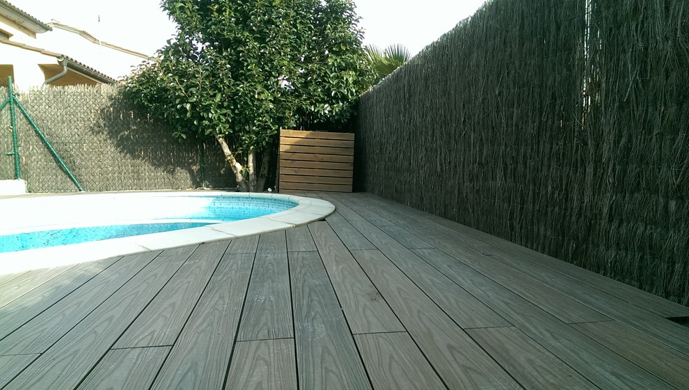 Immagine di una piscina naturale design a "C" di medie dimensioni e dietro casa con pedane