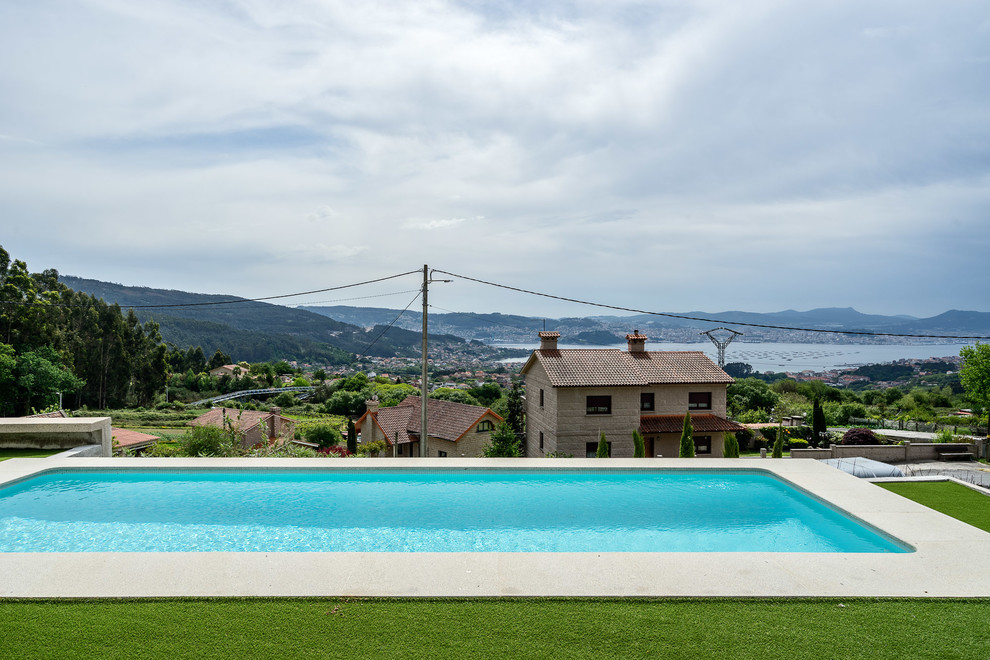 Diseño de piscina elevada moderna grande rectangular en patio delantero con adoquines de piedra natural