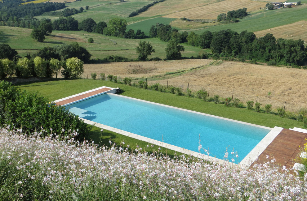 Immagine di un'ampia piscina a sfioro infinito mediterranea rettangolare dietro casa