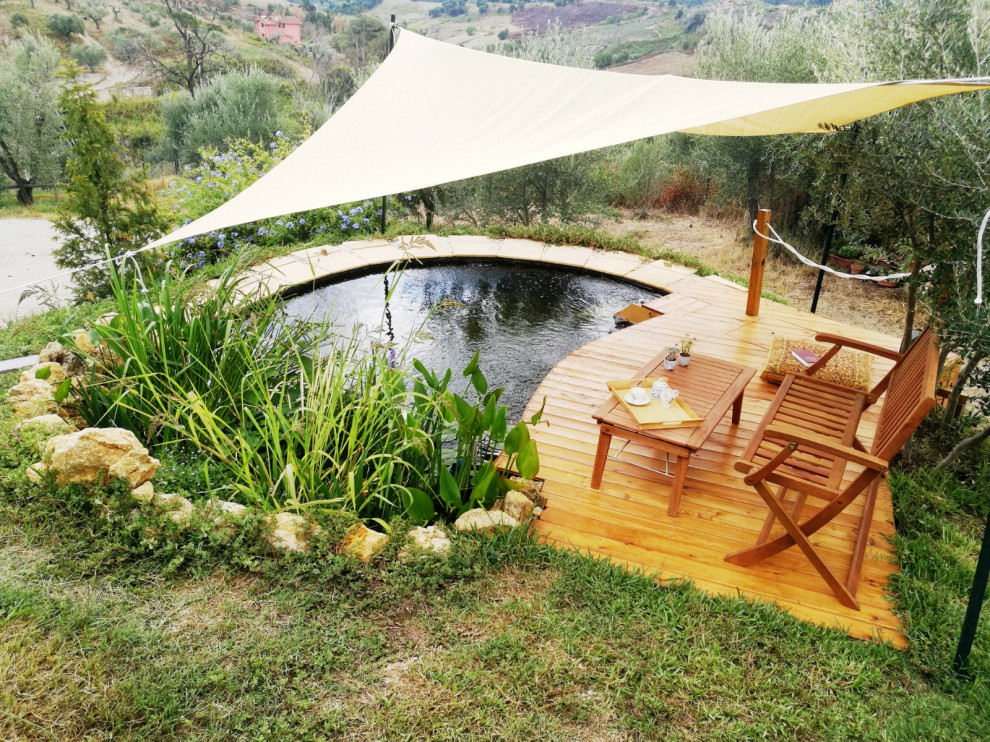 Foto de piscina natural mediterránea pequeña a medida en patio delantero con paisajismo de piscina