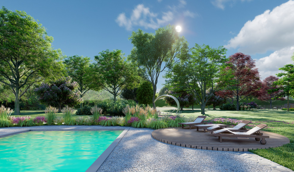 Idee per un'ampia piscina monocorsia rustica rettangolare davanti casa con pavimentazioni in pietra naturale e paesaggistica bordo piscina