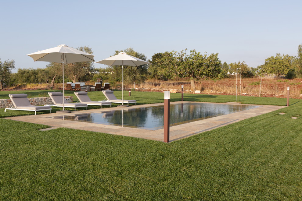 Esempio di una piscina a sfioro infinito country rettangolare di medie dimensioni e dietro casa con pavimentazioni in pietra naturale