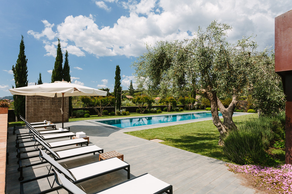 Foto de piscina mediterránea grande rectangular en patio trasero con suelo de hormigón estampado