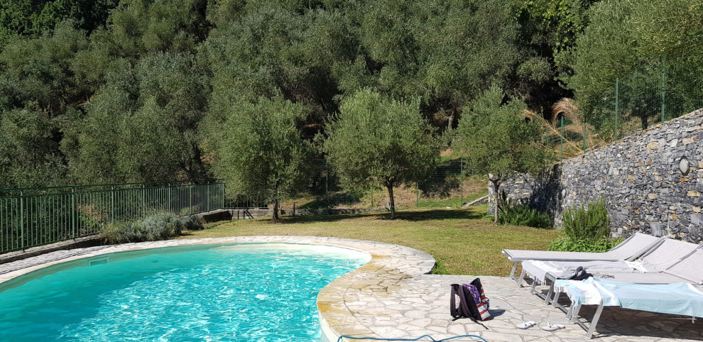Idee per una piscina contemporanea personalizzata di medie dimensioni e dietro casa con pavimentazioni in pietra naturale