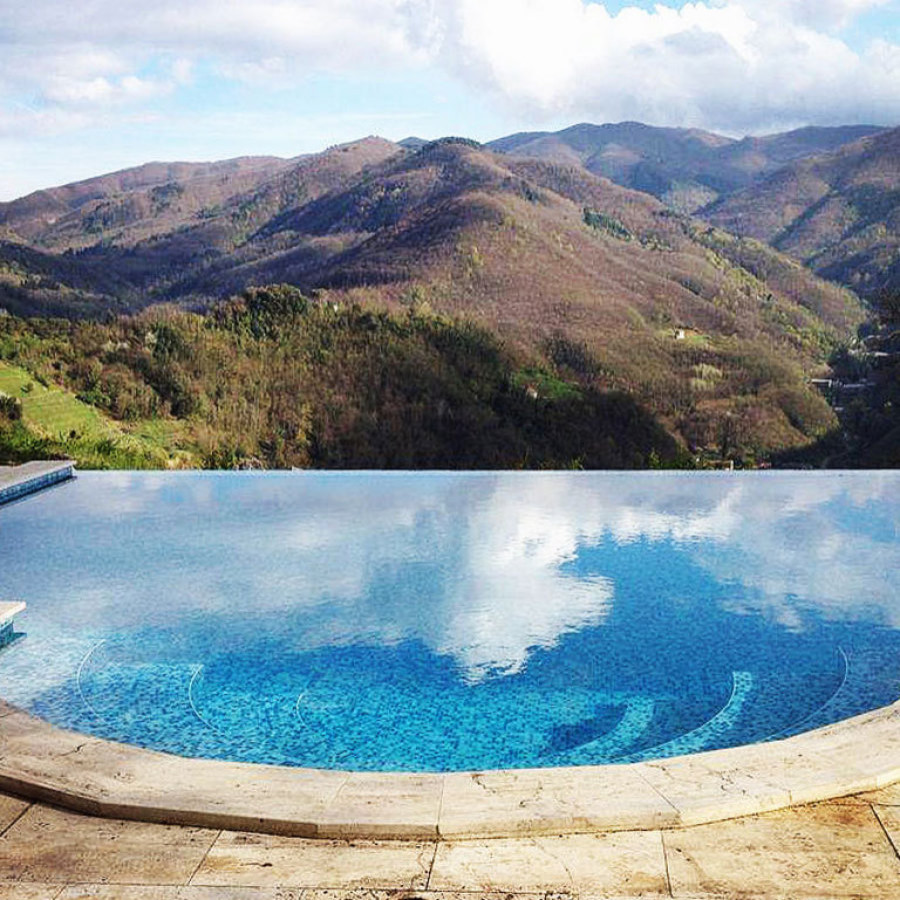Cette photo montre un piscine avec aménagement paysager avant moderne de taille moyenne et sur mesure avec des pavés en pierre naturelle.