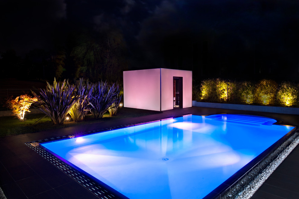 Foto di una piscina monocorsia minimal rettangolare di medie dimensioni e nel cortile laterale con una dépendance a bordo piscina e pavimentazioni in pietra naturale