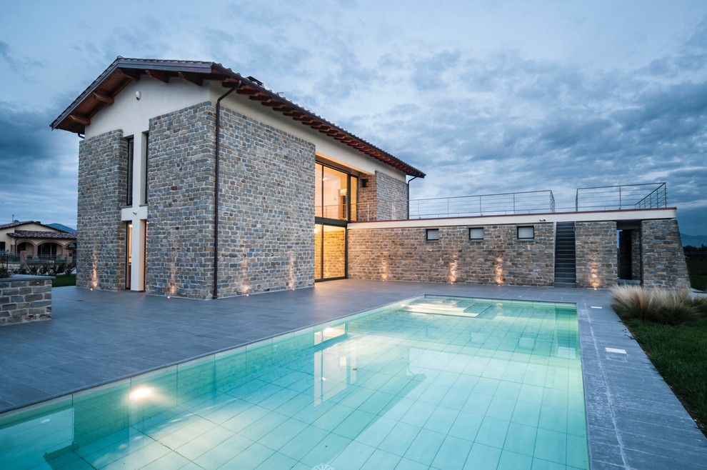 Inspiration for a farmhouse backyard rectangular pool remodel in Milan