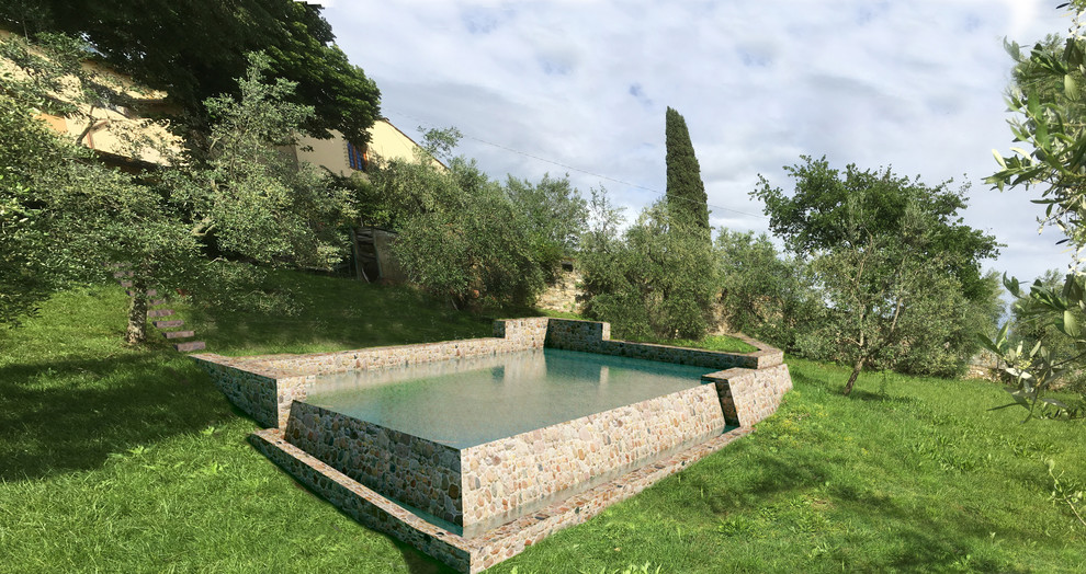 Esempio di una piscina a sfioro infinito country rettangolare di medie dimensioni e davanti casa con pavimentazioni in pietra naturale