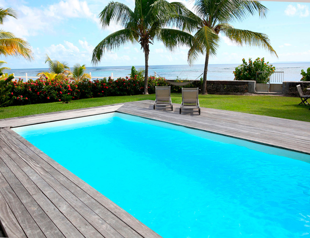 Foto di una piscina tropicale rettangolare con pedane