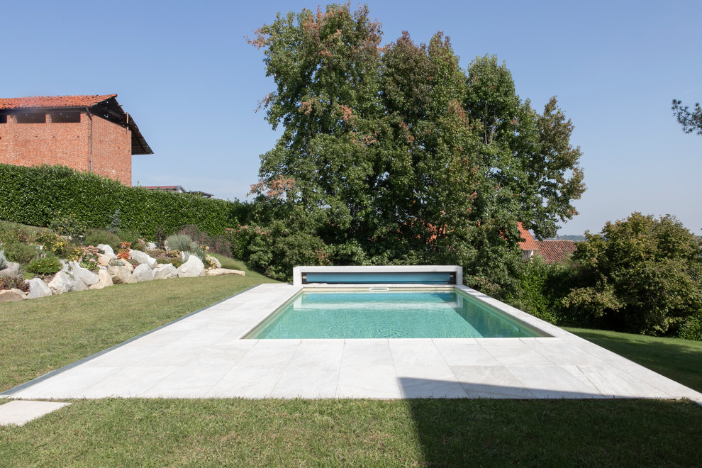 Imagen de piscina natural moderna de tamaño medio rectangular en patio delantero con suelo de baldosas