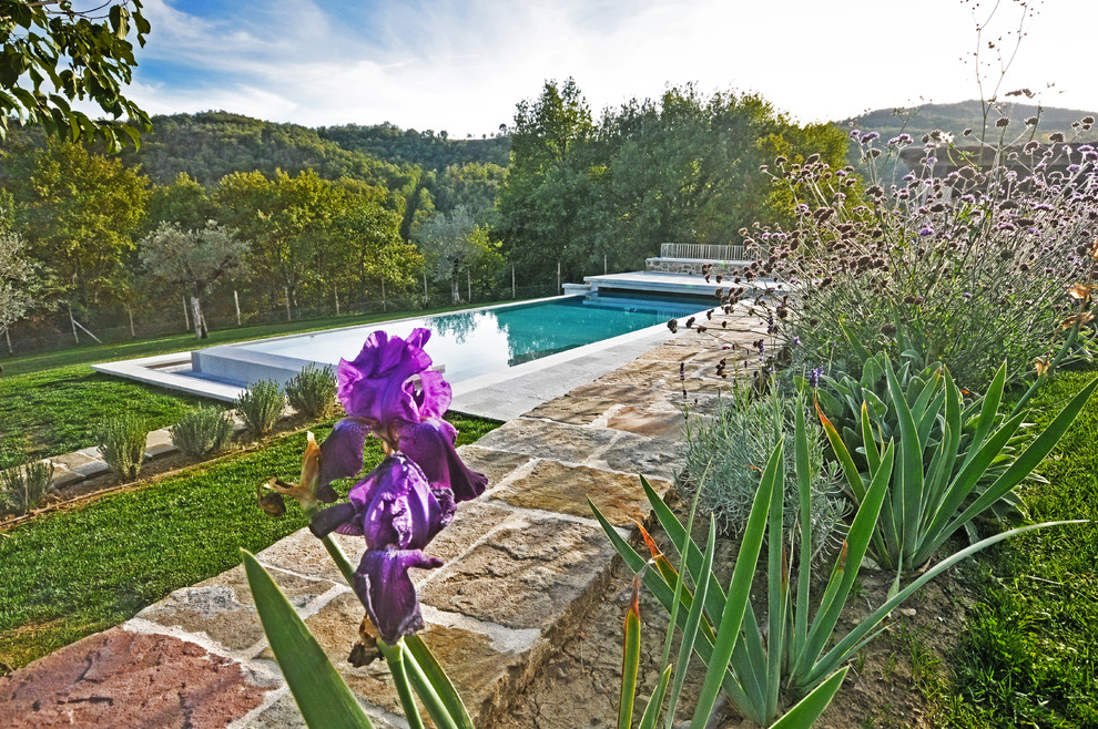 Großer Rustikaler Pool hinter dem Haus in individueller Form mit Natursteinplatten in Sonstige