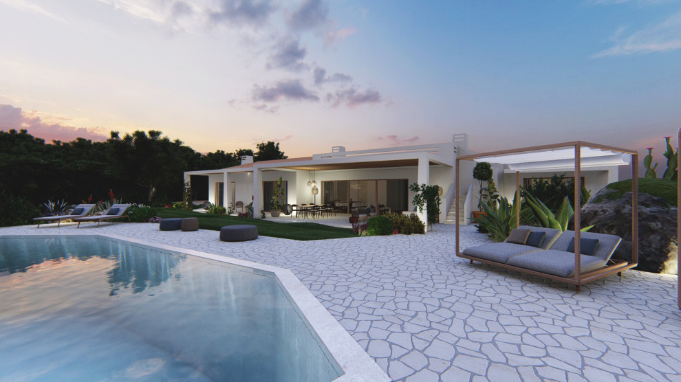 Idée de décoration pour un piscine avec aménagement paysager avant design de taille moyenne et sur mesure avec des pavés en pierre naturelle.