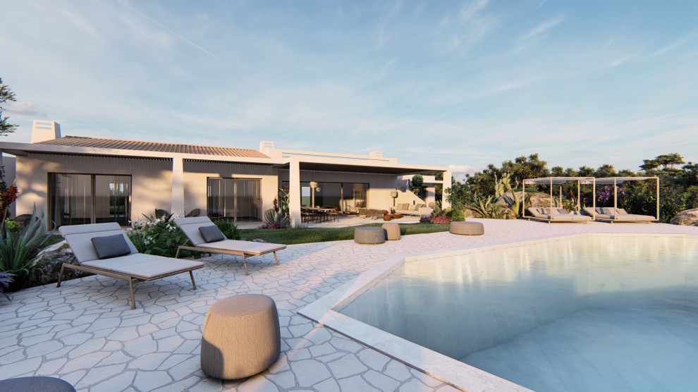 Ispirazione per una piscina a sfioro infinito minimal personalizzata di medie dimensioni e davanti casa con paesaggistica bordo piscina e pavimentazioni in pietra naturale
