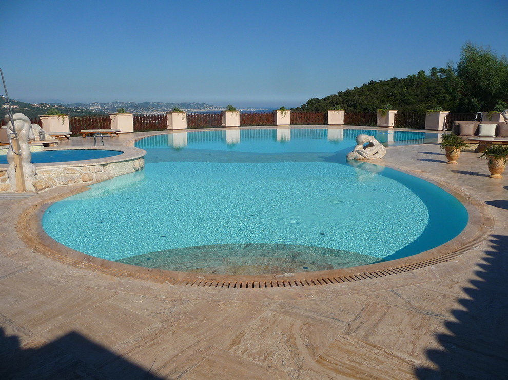 Cette image montre une grande piscine arrière sur mesure avec des pavés en pierre naturelle.