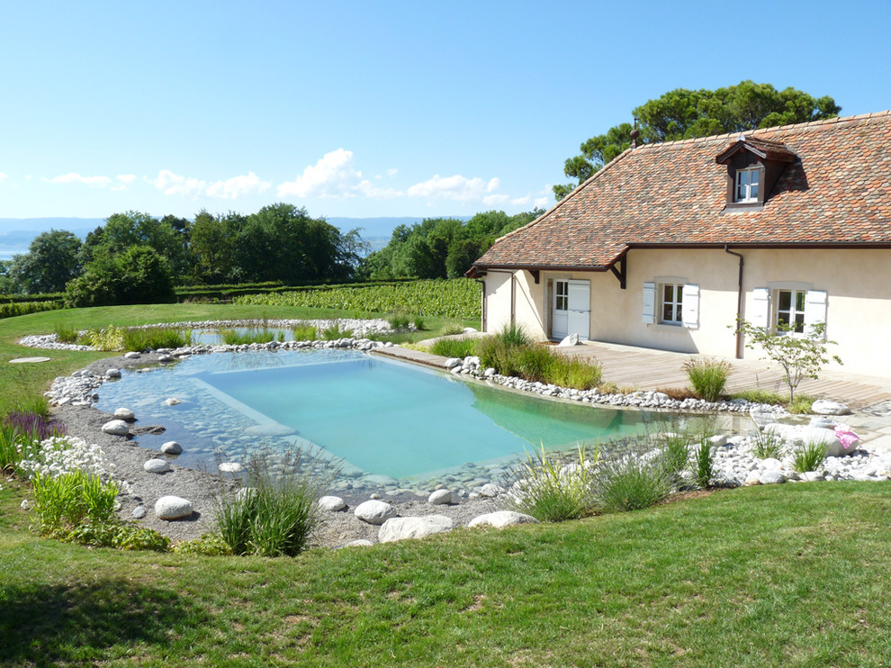 Imagen de piscina natural de estilo de casa de campo grande a medida en patio trasero con entablado