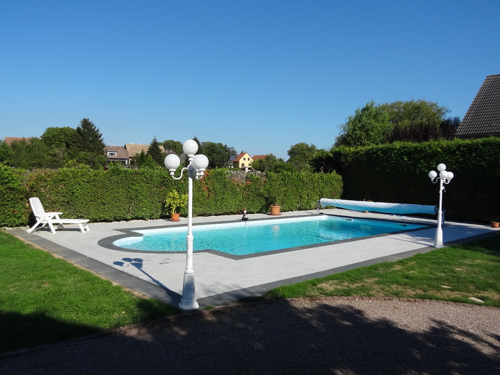 Foto di una grande piscina monocorsia design personalizzata dietro casa con pavimentazioni in pietra naturale