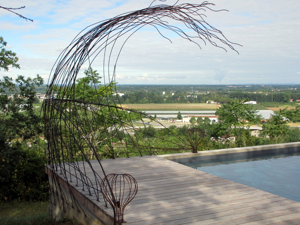 Inspiration pour une grande piscine arrière design rectangle avec une terrasse en bois.