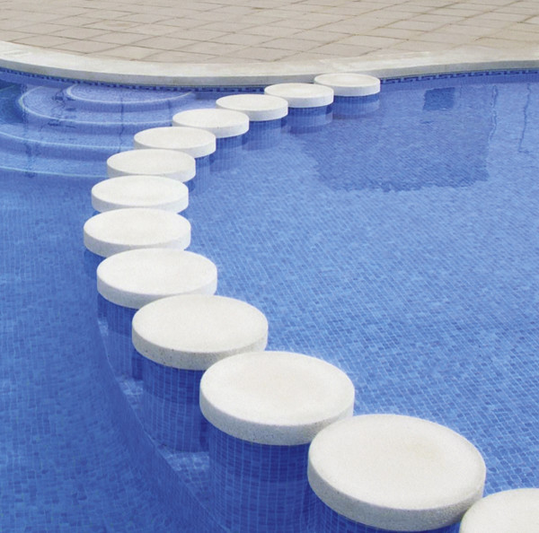 Idée de décoration pour une très grande piscine naturelle marine ronde avec des pavés en pierre naturelle.