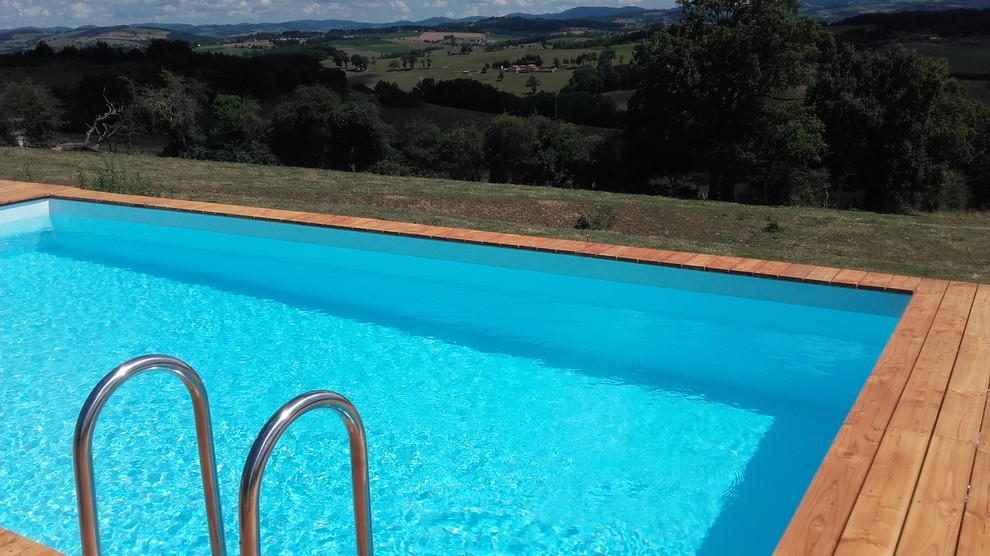 Esempio di una grande piscina fuori terra country rettangolare davanti casa con pedane
