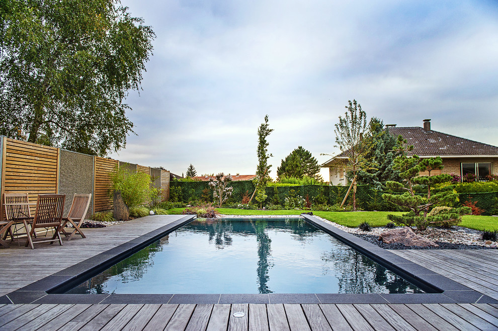 Cette image montre une piscine arrière traditionnelle rectangle et de taille moyenne avec une terrasse en bois.