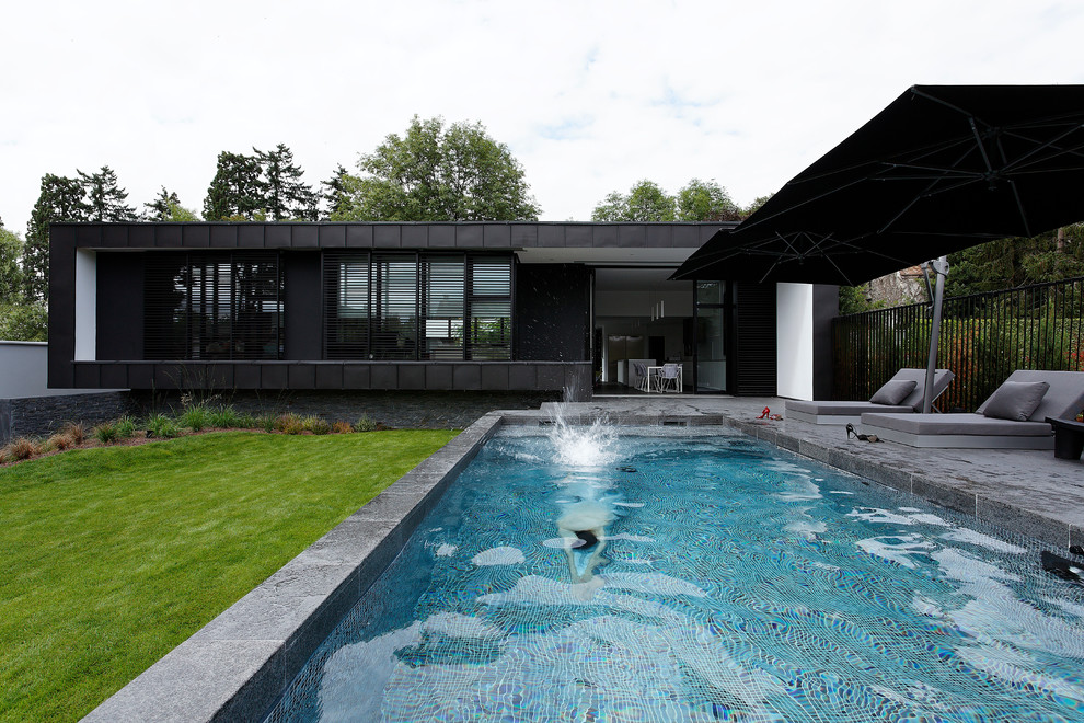 Imagen de piscina alargada contemporánea de tamaño medio rectangular en patio trasero