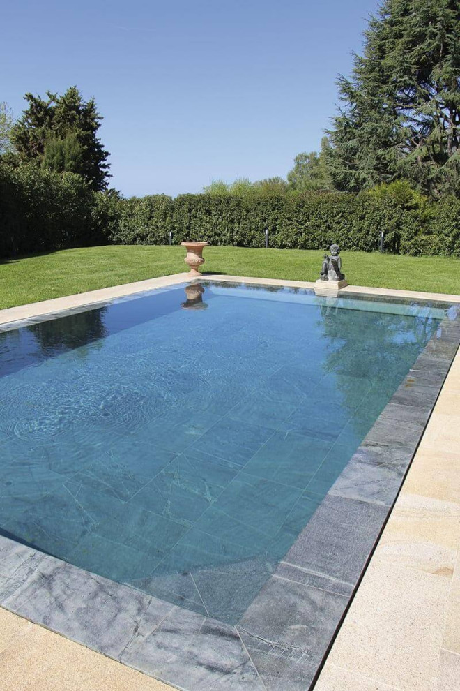 Cette image montre une grande piscine rustique rectangle.