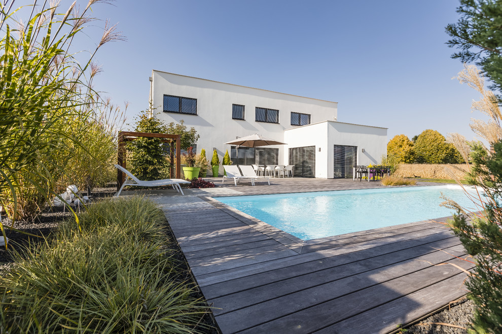 Ispirazione per una grande piscina monocorsia minimalista rettangolare dietro casa con pedane