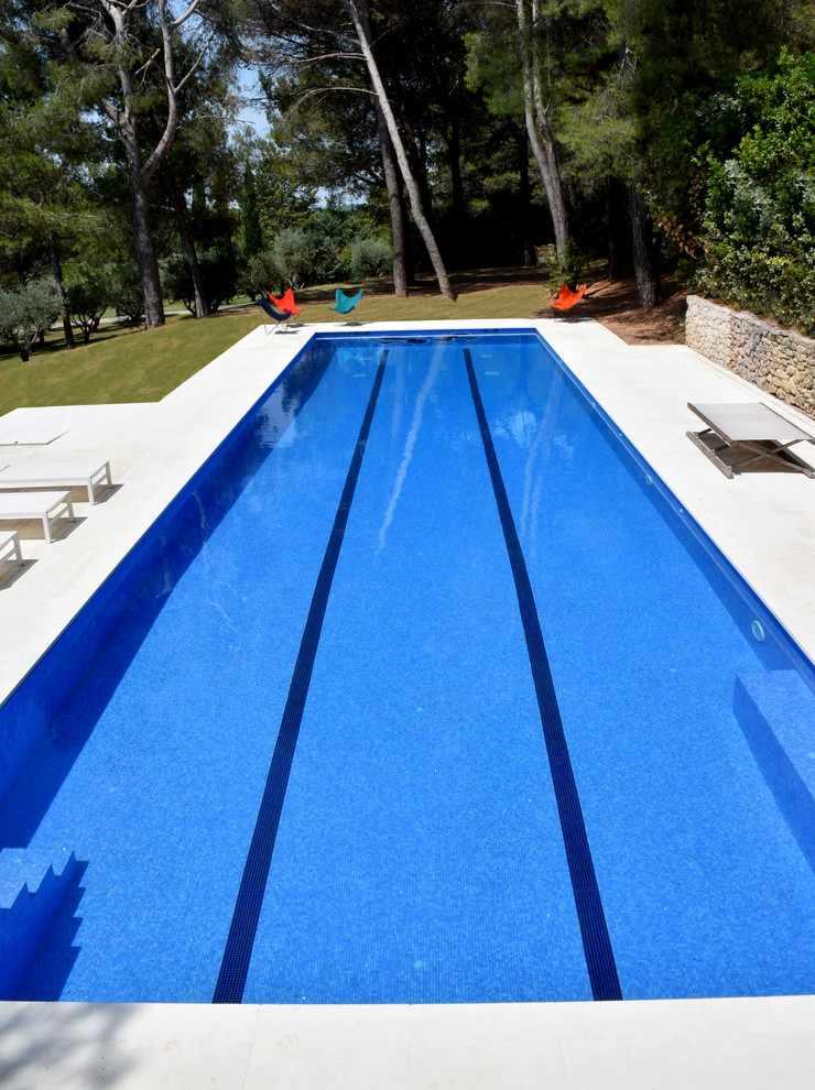 Idee per una grande piscina monocorsia design rettangolare con pavimentazioni in pietra naturale