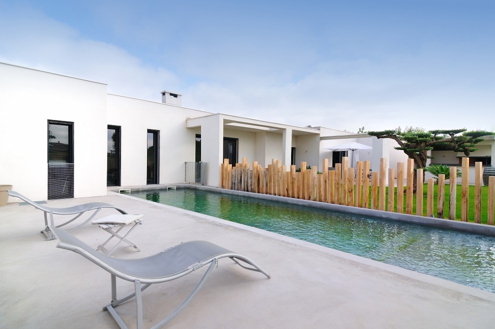 На фото: спортивный, прямоугольный бассейн среднего размера на заднем дворе в стиле модернизм с покрытием из бетонных плит и забором