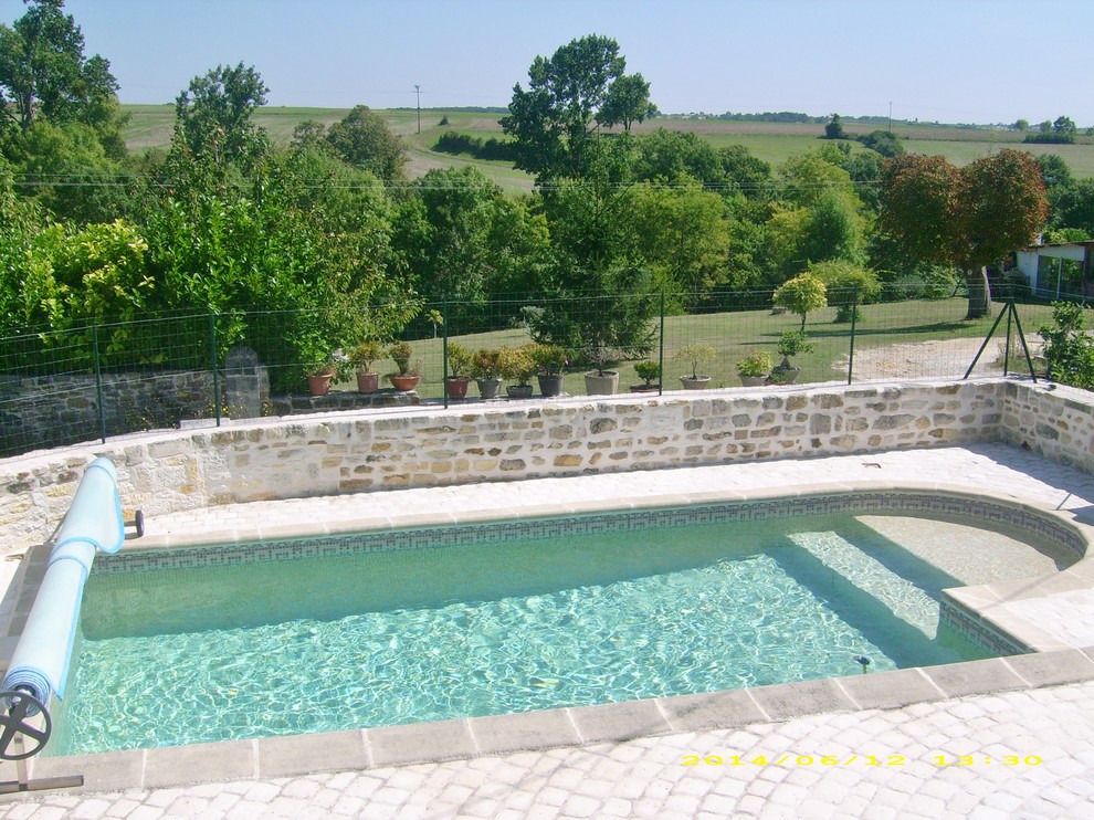 Bild på en stor lantlig anpassad pool, med poolhus och naturstensplattor