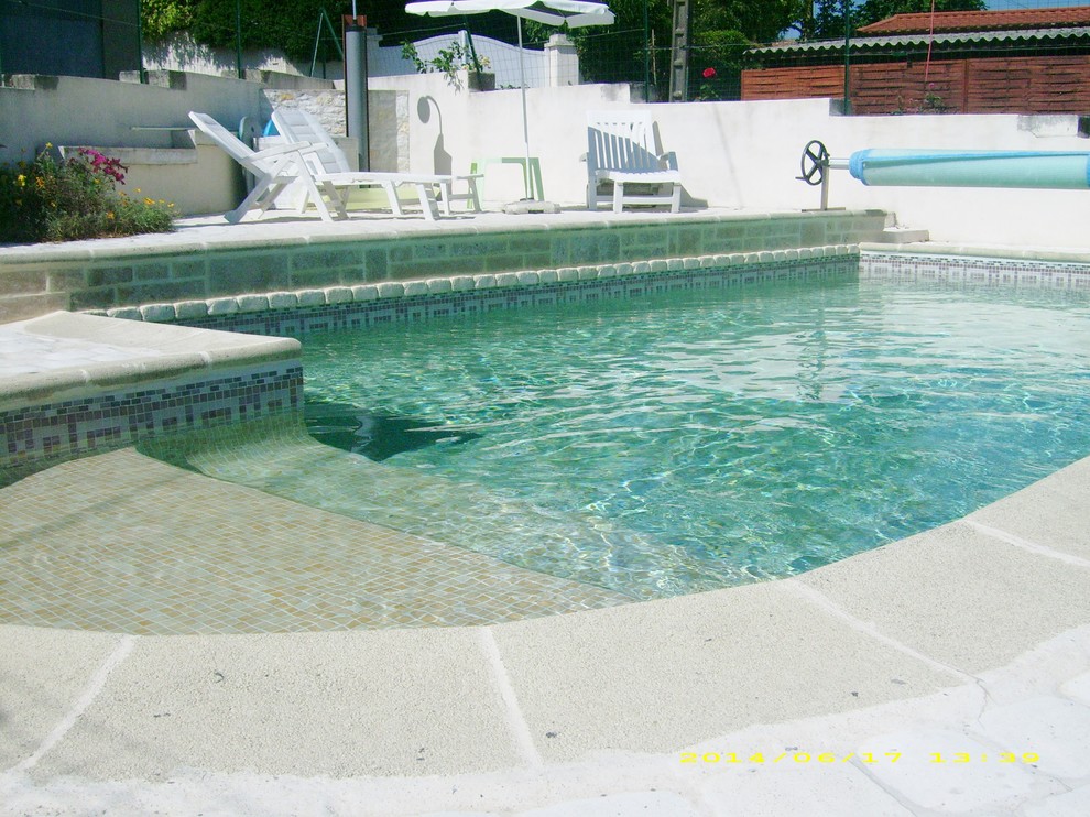 Immagine di una grande piscina monocorsia country personalizzata in cortile con una dépendance a bordo piscina e pedane