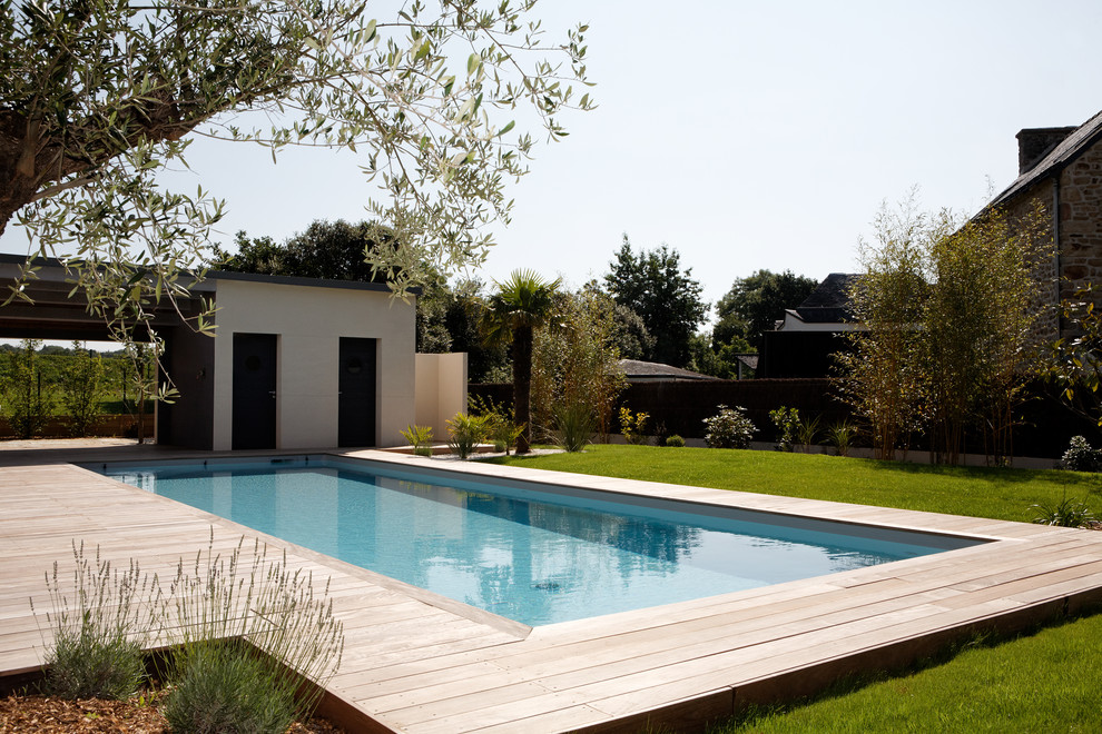 Idées déco pour une piscine arrière contemporaine de taille moyenne et rectangle avec une terrasse en bois.