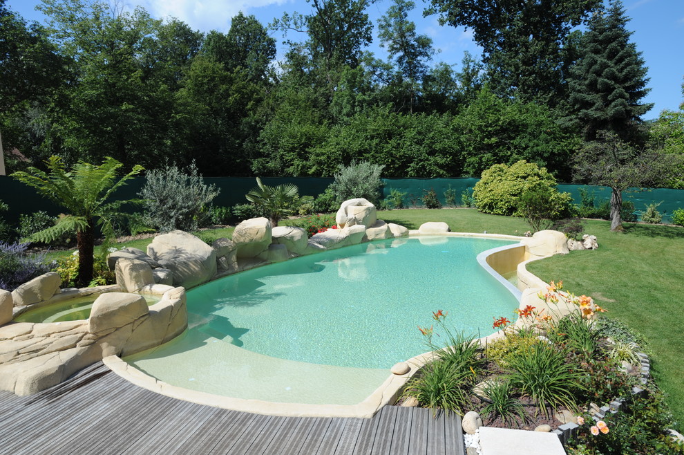Foto di una piscina naturale tradizionale personalizzata di medie dimensioni con una vasca idromassaggio e pedane