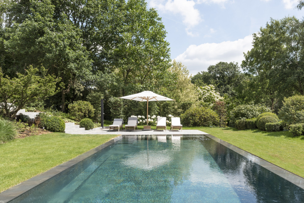 Cette photo montre une piscine naturelle et arrière nature de taille moyenne et rectangle avec une terrasse en bois.