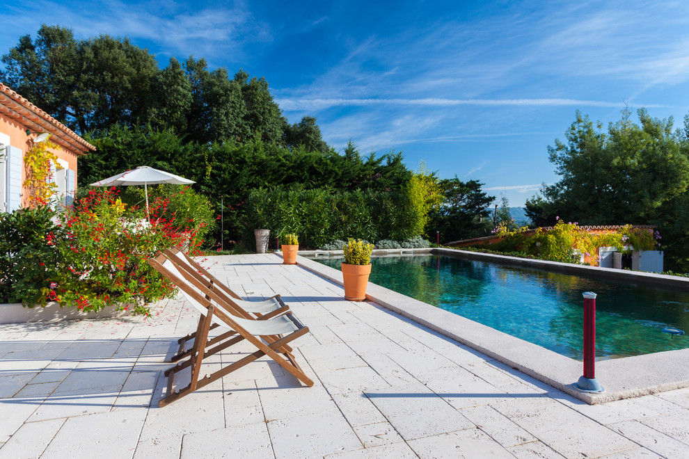 Large tuscan backyard stone and rectangular pool photo in Nice