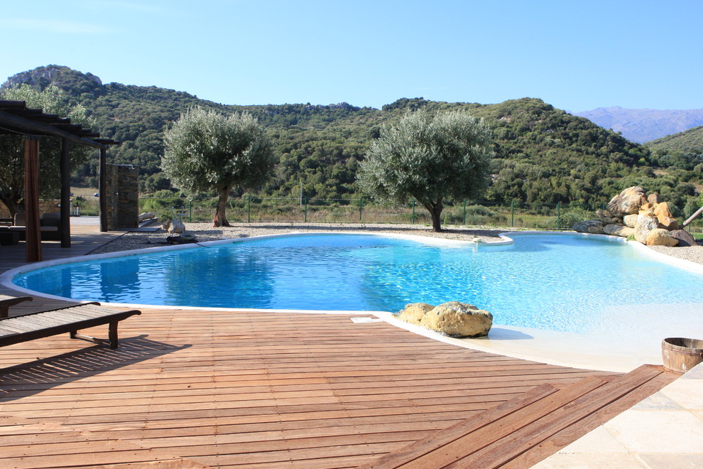 Cette photo montre une grande piscine arrière méditerranéenne sur mesure avec une terrasse en bois.