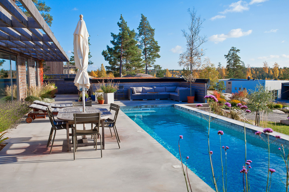 Diseño de piscina nórdica grande rectangular en patio delantero con losas de hormigón