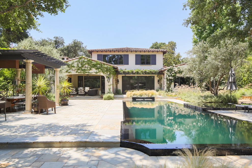 Idee per una grande piscina a sfioro infinito mediterranea rettangolare dietro casa con una dépendance a bordo piscina e pavimentazioni in pietra naturale