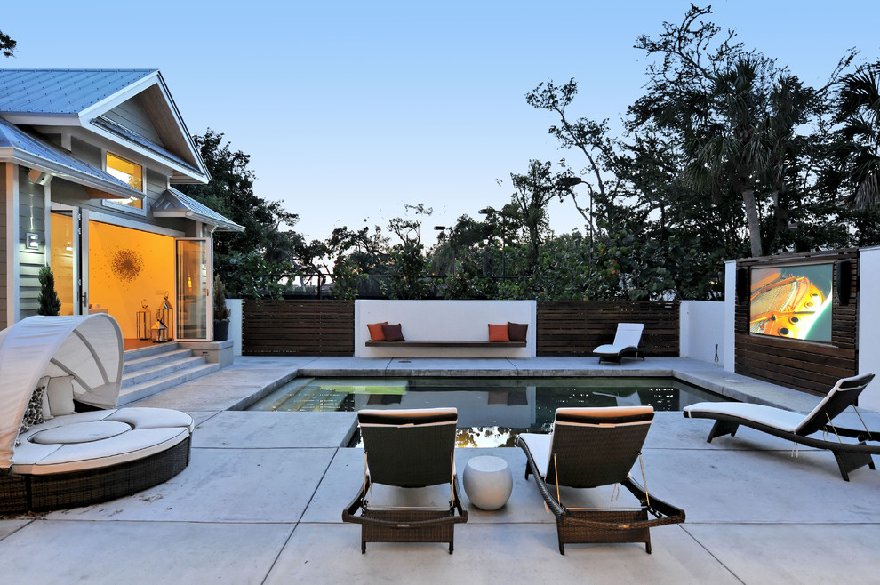 Immagine di una piscina monocorsia design rettangolare di medie dimensioni e dietro casa con lastre di cemento