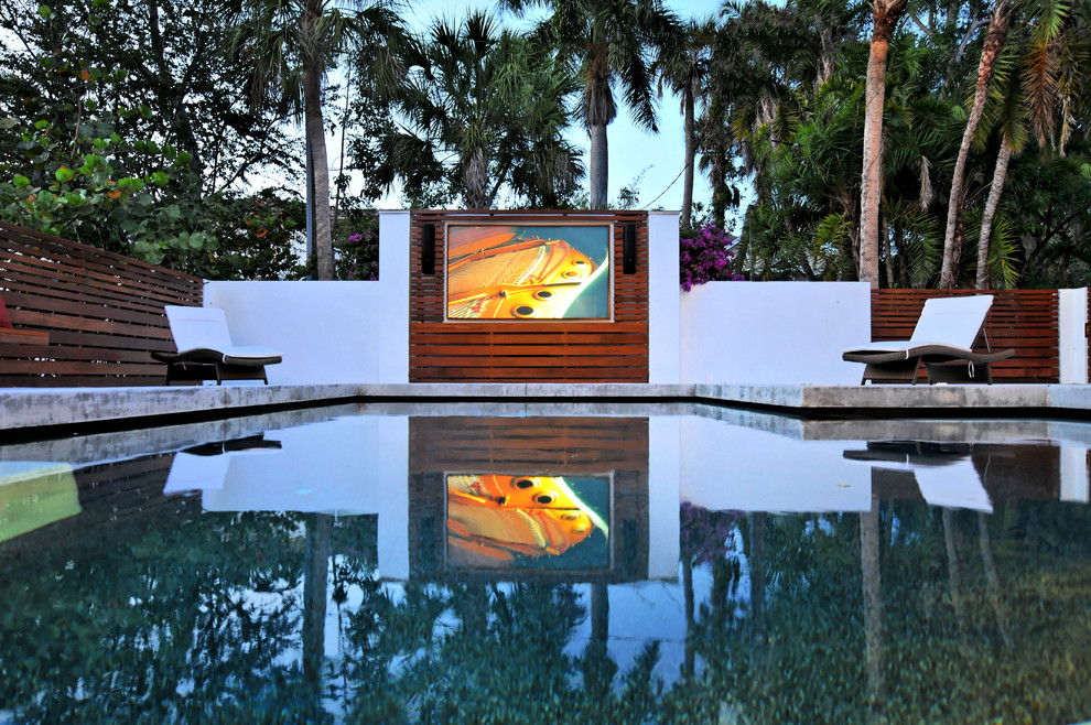 Foto de piscina alargada contemporánea grande rectangular en patio trasero con losas de hormigón