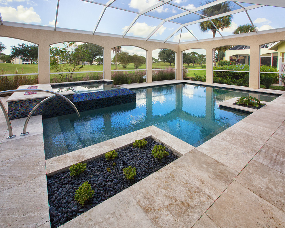 Design ideas for a small modern indoor custom shaped hot tub in Tampa with tiled flooring.