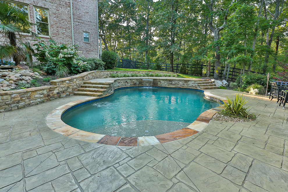 На фото: естественный бассейн среднего размера, произвольной формы на заднем дворе в современном стиле с водной горкой и покрытием из декоративного бетона