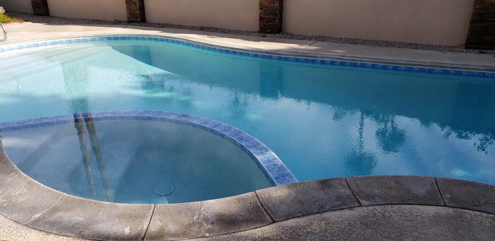 Diseño de piscina infinita mediterránea de tamaño medio tipo riñón en patio trasero con entablado