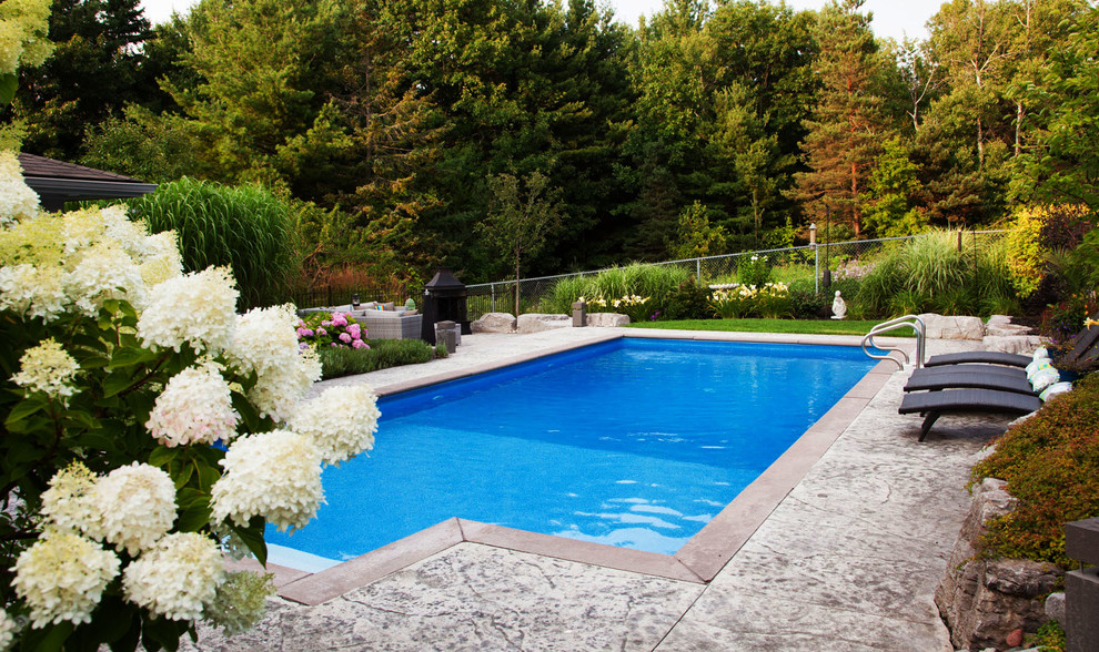 Foto de casa de la piscina y piscina alargada exótica grande rectangular en patio trasero con suelo de hormigón estampado