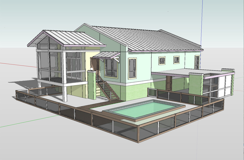 Diseño de piscina natural costera de tamaño medio rectangular en patio trasero con entablado